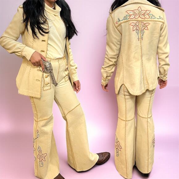 VINTAGE Rare 70s North Beach Leather Bellbottom Set Size 00 Rhinestone Boho - Picture 1 of 7